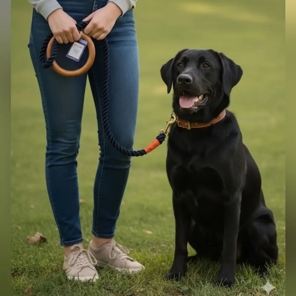 Top Paw NWT Navy Blue 4ft Rope Dog Leash With Accessory Ring & Wood Handle